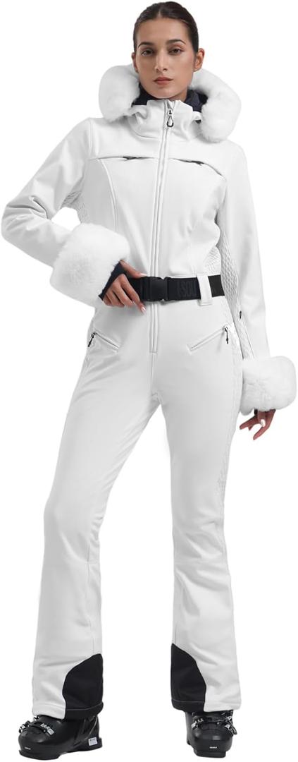 GSOU SNOW Womens Ski Suit One Piece Snowsuit Snowboard Jacket Slim Snow Jumpsuit Faux Fur Ski Outfit Waterproof (Medium, White)