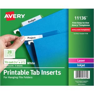 Avery Printable Tab Inserts for Hanging File Folders, 1/2" x 2", 1/5 Cut, White, 100 Index Tab Inserts (11136)