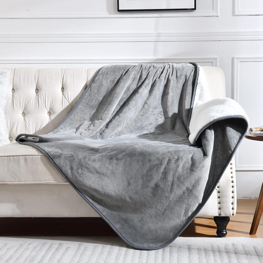 Waterproof Blanket for Bed Couch Sofa, Soft Liquid Pee Proof Pet Blanket for Dog Puppy Cat, Reversible Sherpa Fleece Furniture Protector (Grey, 60x80 inches)