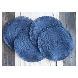 Fennco Styles Handwoven Fringe Boho Placemats 15" Round, Set of 4 - Navy Blue Braided Texture Table Mats for Home, Dining Room, Banquets, Family Gathering and Special Occasion