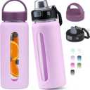 Kodrine 20oz Glass Water Bottle with Straw-2 Lids-Iced Coffee Cup with Silicone Sleeve & Time Marker, Reusable Glass Drinking Bottle for Home,Office,Outdoors, Cupholder Friendly-Light Purple