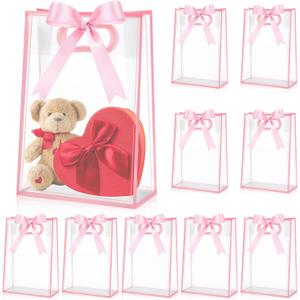 Aliceset 12 Pcs Clear Plastic Gift Bag with Die Cut Handles Valentine's Day Reusable PP Favor Bag with Ribbon for Wedding Bridal Birthday Baby Shower Party Small Business, 7x10x3.15 Inch(Pink)