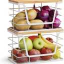 ALOCEO 2 Pack Potato and Onion Storage Bins, Large Trash Bag Holder Under Sink with Bamboo Top, Stainless Steel Pantry Organizers Storage, Kitchen Counter, White