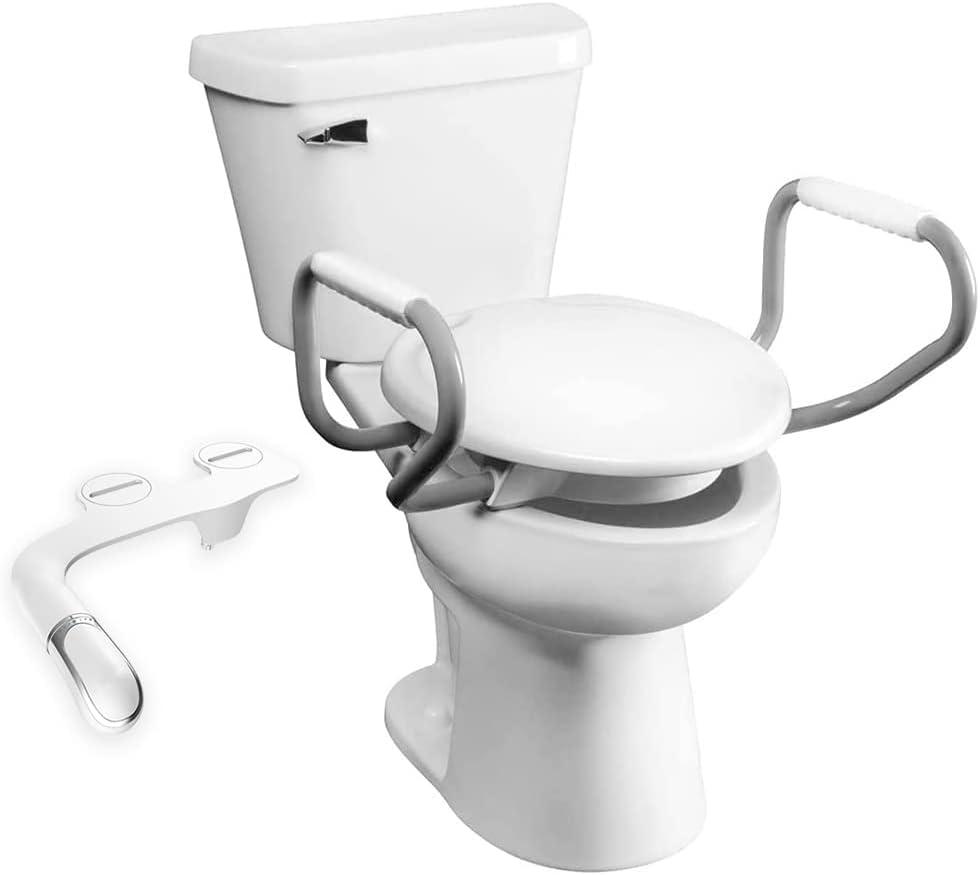Bemis Assurance 3" Raised Toilet Seat with Handles and Bidet Attachment, Secure Hinges, Clean Shield Guard, Round, White