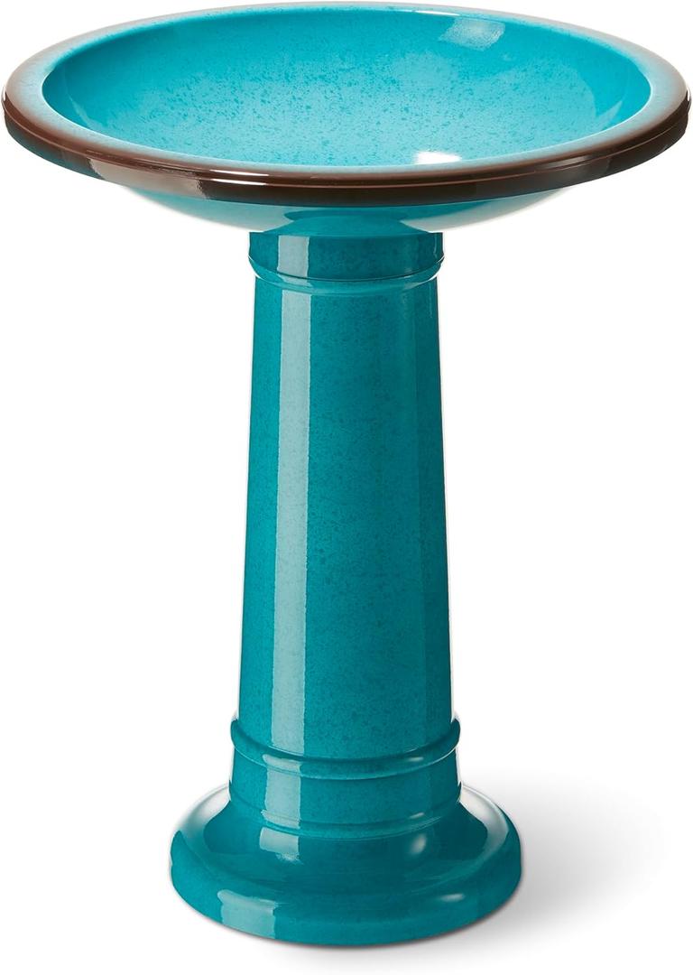 Glitzhome 21.5" H Turquoise Faux Ceramic Tall Pedestal Birdbath for Outdoor Patio Garden Backyard Decking