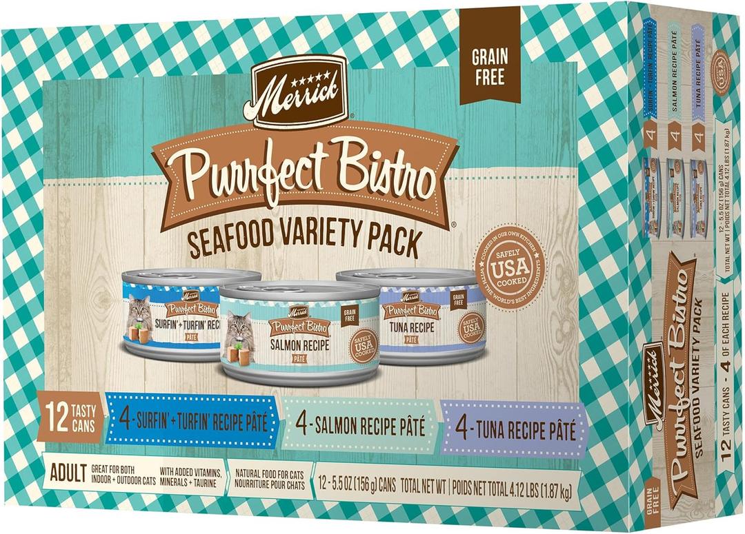 Merrick Purrfect Bistro Grain Free Premium Canned Pate Adult Wet Cat Food, Variety Pack Seafood Recipes - (12 Packs of 12) 5.5 oz. Cans,  BBD: Oct 2025