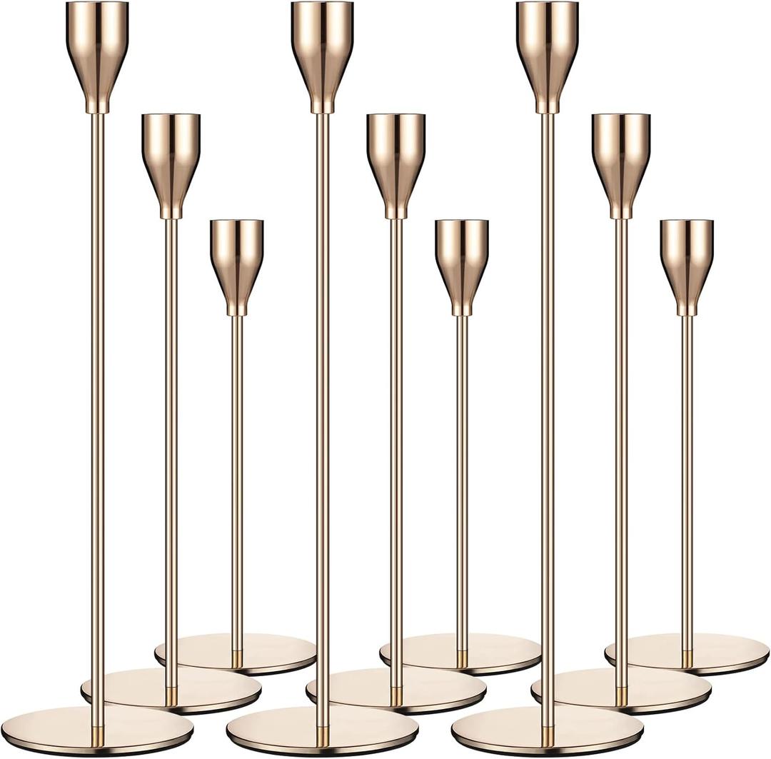 Set of 9 Candle Holders Candlestick Holder for Tapered Candles Decorative Candle Sticks Long Holder Table Centerpiece Candle Holders for Home Decor Wedding Dinning Party Anniversary Supplies (Gold)