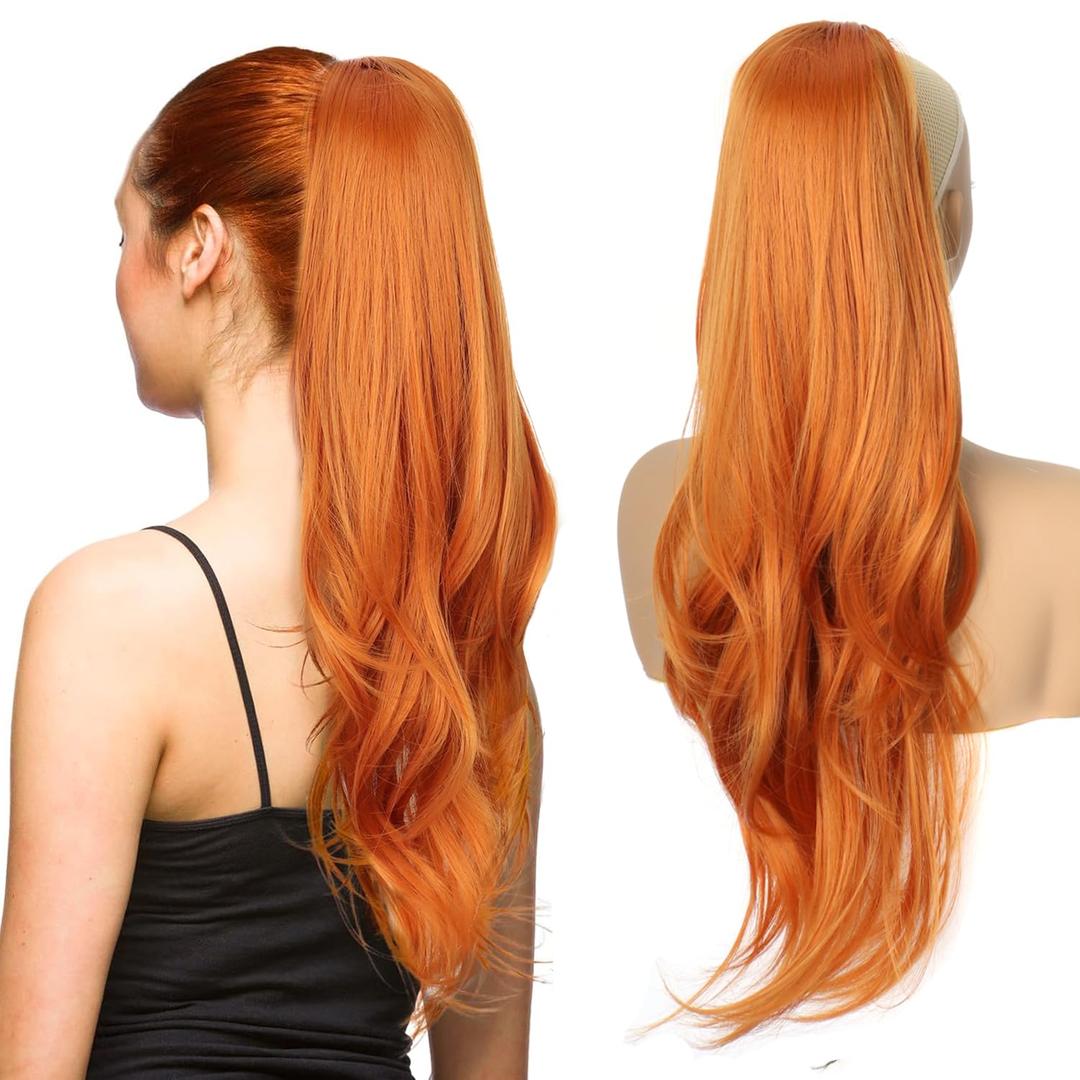 Ponytail Extension,Drawstring Ponytail Extension for Women 26 Inch Long Orange Wavy Layered Pony Tails Hair Extensions Synthetic Clip in Ponytail Hairpiece for Daily Use,Copper Red
