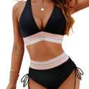 Blooming Jelly Women High Waisted Bikini Sets Tummy Control Swimsuits Color Block Two Piece Drawstring Bathing Suit (Large, Black)