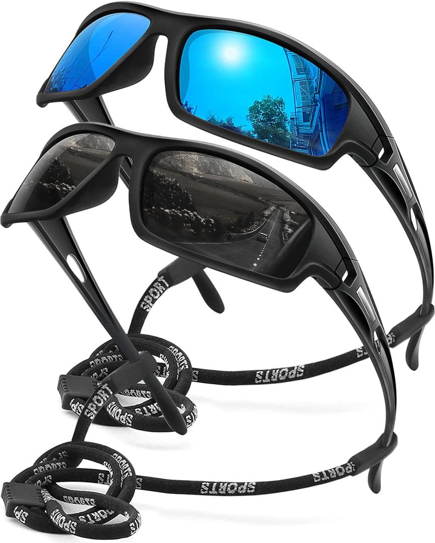 Polarized Sports Sunglasses for Men 100% UV Protection Wrap Around Unbreakable Sun Glasses for Fishing Driving (2pack Black+blue)