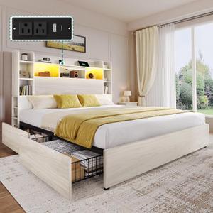DWVO Queen Size Bed Frame with Bookcase Headboard and 4 Storage Drawers, RGB LED Bed Frame with Type-C & USB Charging Station Storage Headboard Bed, No Box Spring Needed, Noise Free, Antique White