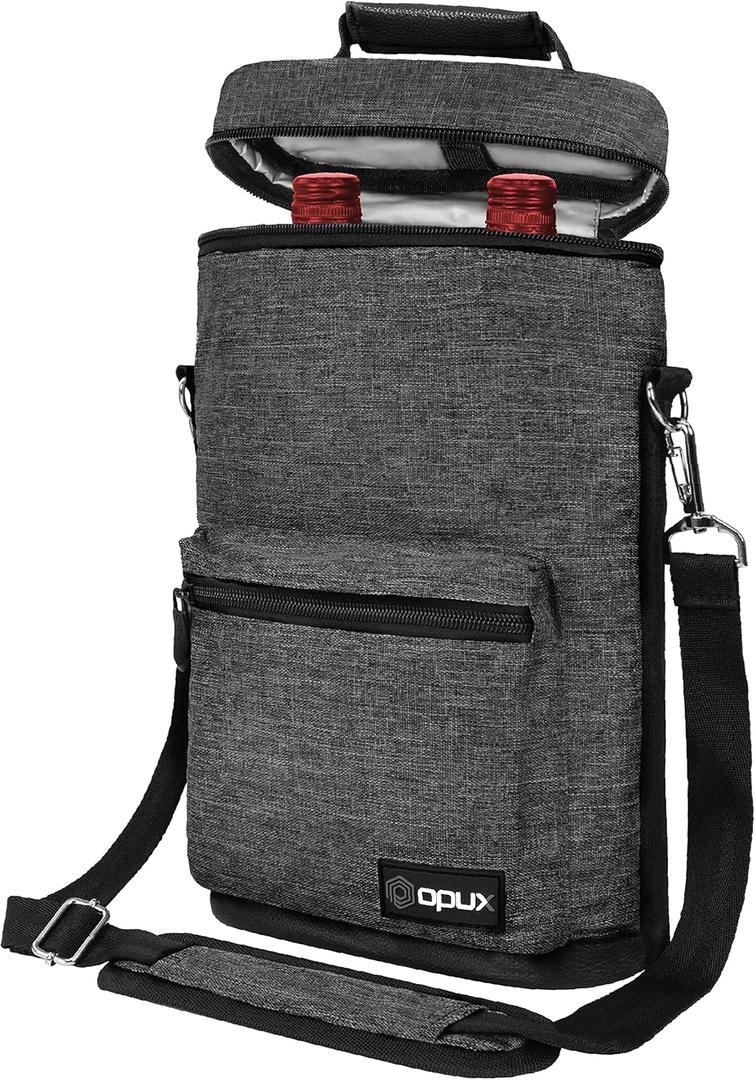 Opux 2 Bottle Wine Tote Carrier, Insulated Cooler Bag for Travel Picnic, Leakproof Padded Case, Wine Gifts for Women & Men, Charcoal Gray (One Size)