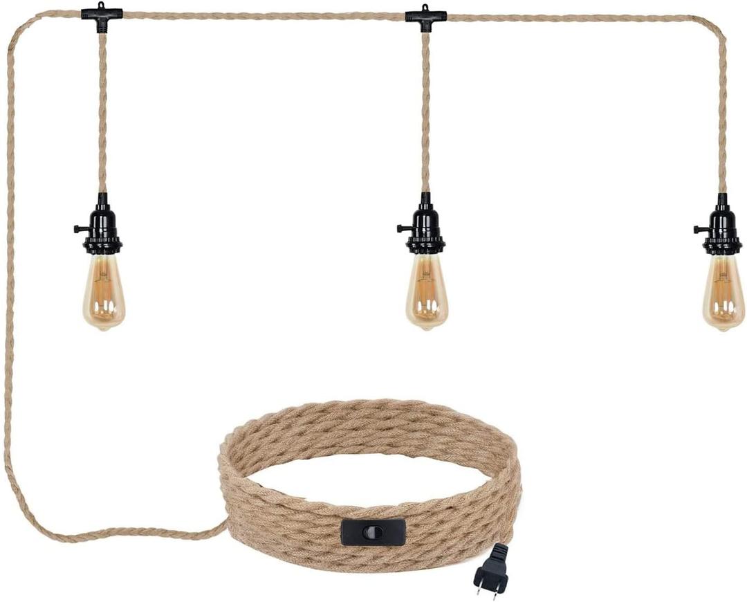 Triple Plug in Pendant Lights with Cord Hanging Lamp Kit with Switch 23 Ft Long Hemp Rope Farmhouse Pndant Light Cord Lighting Fixture Kits DIY Hanging Light (Yellow)