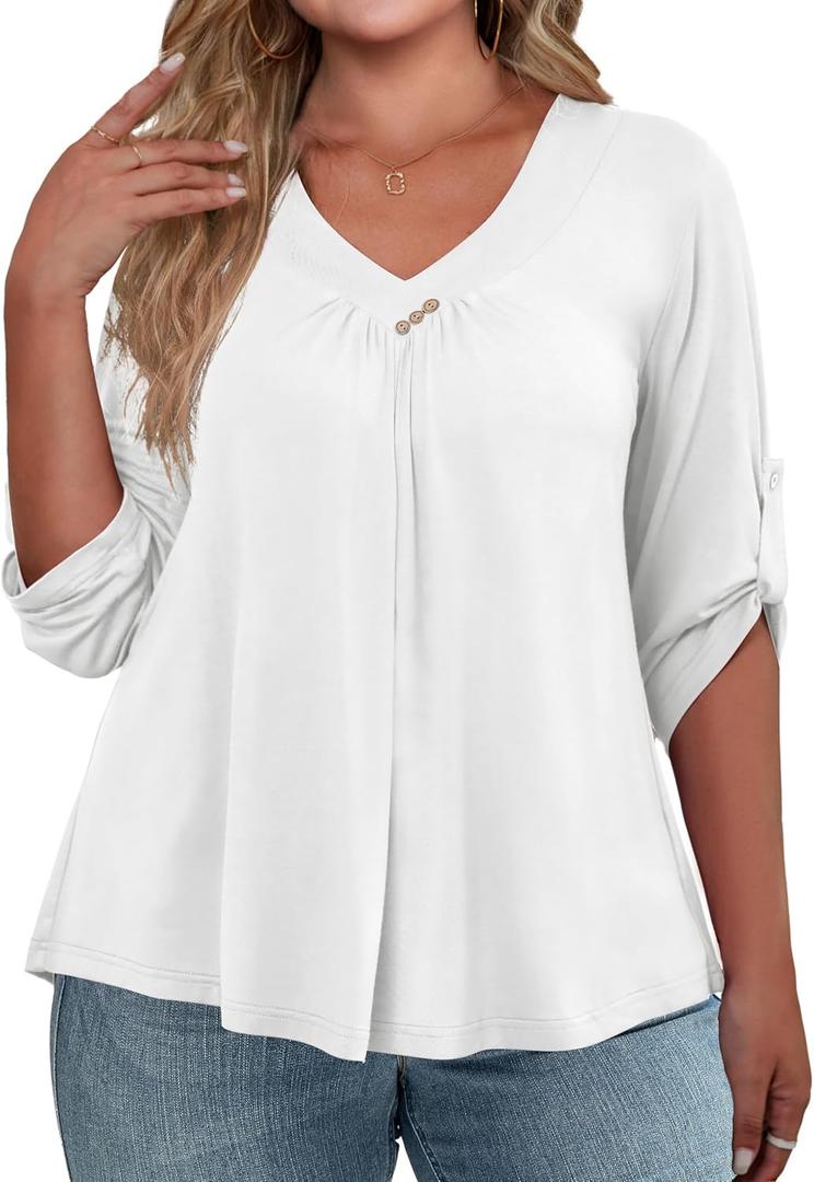 FOLUNSI Womens Plus Size 3/4 Roll Sleeve Blouses V Neck Casual Tunic Tops (White, XL)