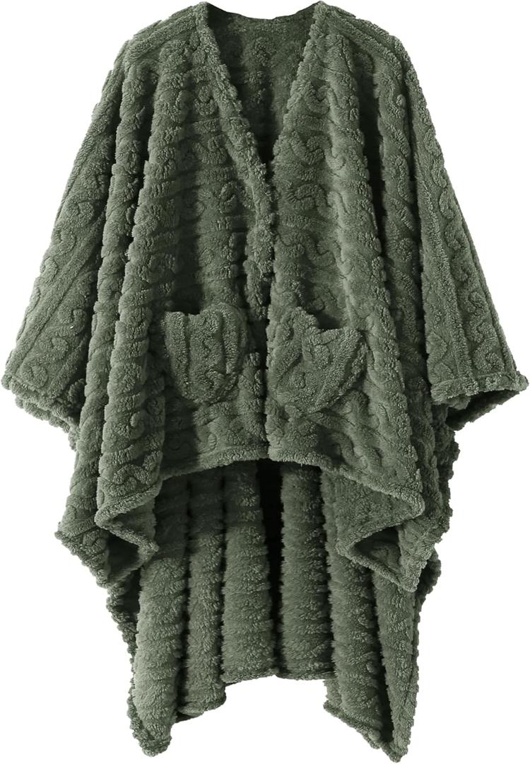 Wearable Blanket Poncho Cape Wrap for Adult, Cozy Sherpa Fleece Pocketed Shawl TV Throw Blankets for Office and Lounge(Green,58'' x 64'')