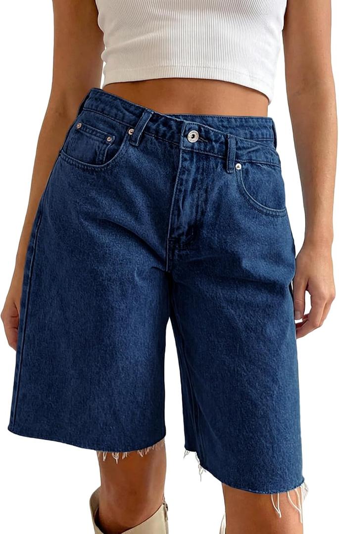 PLNOTME Womens Crossover Denim Shorts Summer Asymmetrical High Waisted Straight Leg Jean Shorts