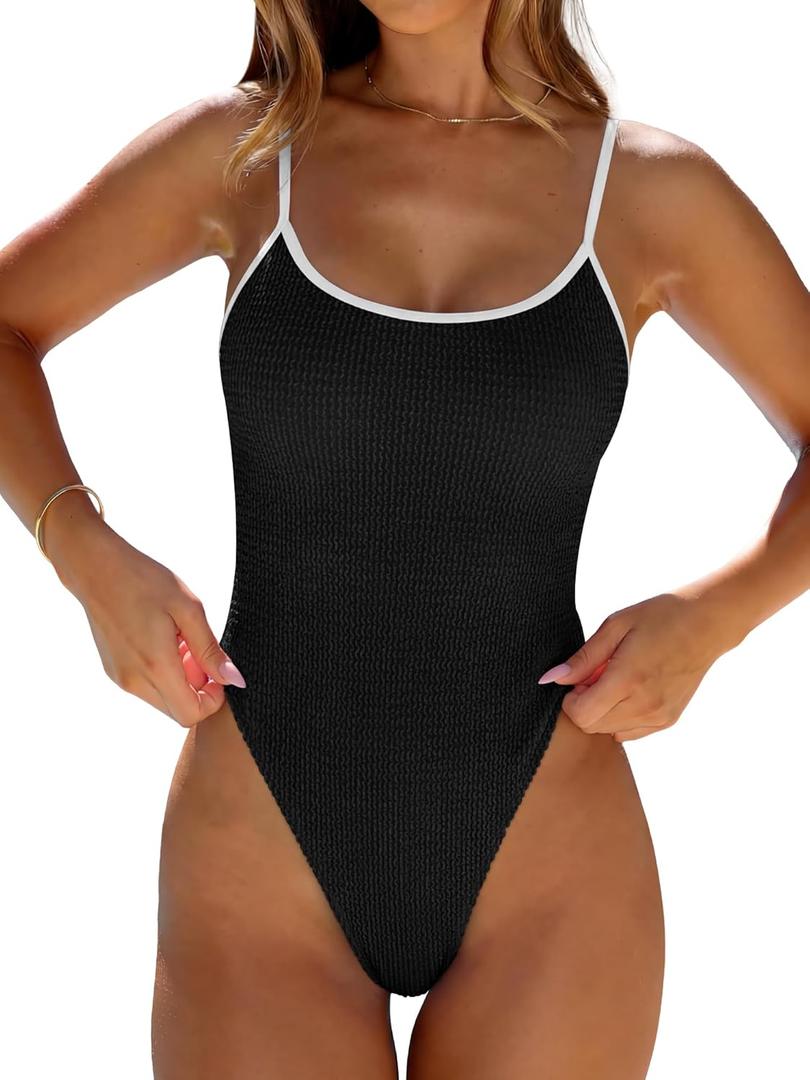 ANRABESS Women One Piece Swimsuit Backless Full Coverage Ribbed Adjustable Strap Bathing Suit Beach Vacation Clothes Swimwear (Medium, Black)