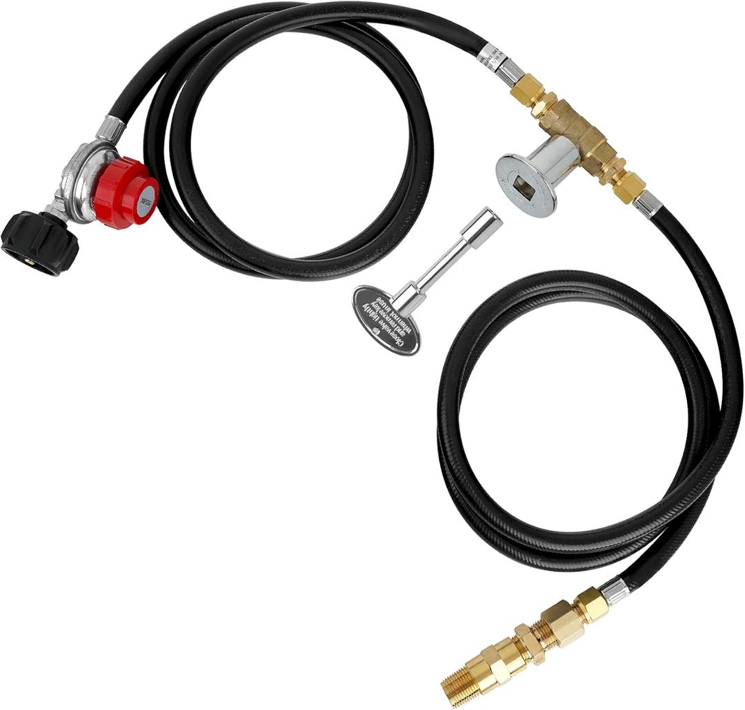 Skyflame LP Burner Connection Kit, Propane Fire Pit Replacement Parts with 1/2" Control Valve Key Set, 0~30PSI Adjustable Gas Pressure Regulator Hose, 60" Connect Hose, 150K Brass Air-Mixer