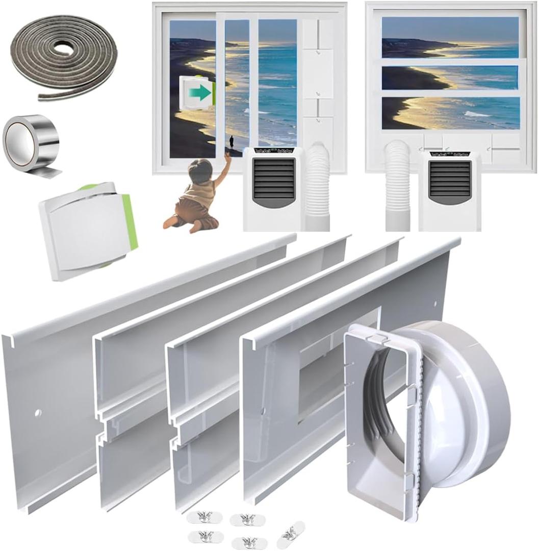 Portable Air Conditioner Window Vent Kit 26-62"Adjustable with Universal 5.0/5.9"Adapter Security Lock 2 Weather Strippings Perfect Fit for LG Portable AC Vertical/Horizontal Sliding Window Seal Kit