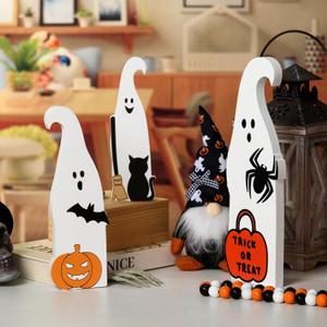 MoDooris 3PCS Halloween Wooden Ghost Decor Signs Set - Tiered Tray Decor for Farmhouse Home Desk Shelf Mantel