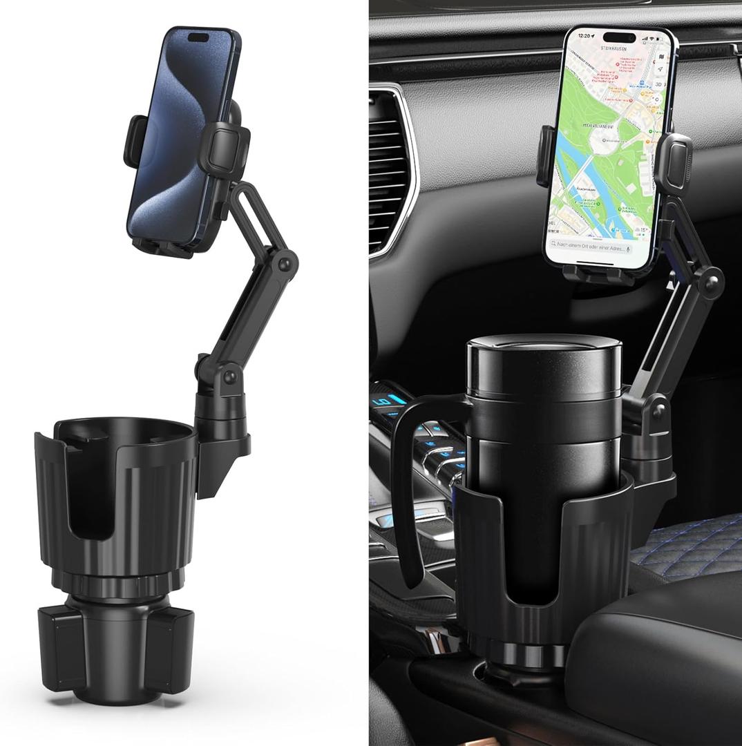 Cup Holder Phone Mount, 2 in 1 Universal Cup Holder Expander Adjustable Base with Phone Mount, Long Arm with 360Rotation Phone Cup Holder for Car Compatible with All Smartphones