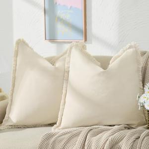 ZWJD Pillow Covers 24x24 Set of 2 Beige Throw Pillow Covers with Fringe Chic Cotton Decorative Pillows Square Cushion Covers for Sofa Couch Bed Living Room Farmhouse Boho Decor