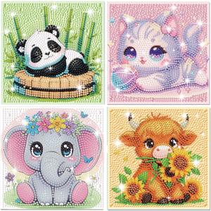 Gemozaic 4 Pack Diamond Art Kits for Kids, Cute Animals Kids' Diamond Art Painting Kits for Ages 4-8, Cat, Elephant, Panda, Highland Cow DIY Gem Painting for Gift Home Wall Decor (6x6inch)