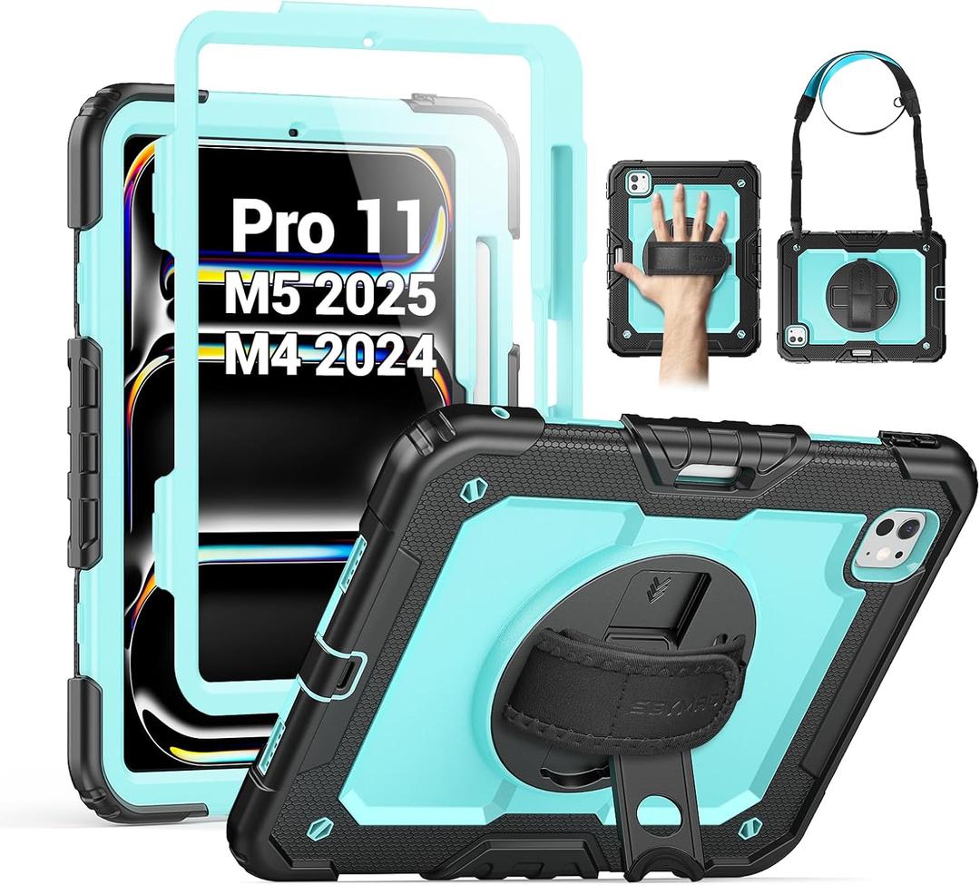 SEYMAC for iPad Pro 11 Inch Case M5 2025 / M4 2024, Heavy Duty Shockproof Protective Case with Screen Protector, 360 Rotating Stand, Hand/Shoulder Strap and Pen Holder, Light Blue