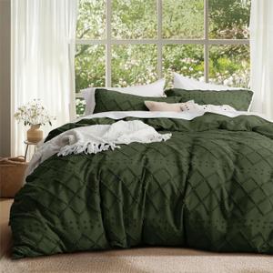 Bedsure Boho Duvet Cover Queen Size - Boho Bedding, Tufted Queen Duvet Cover for All Seasons, 3 Pieces Embroidery Shabby Chic Home Bedding,Comforter Not Included (Dark Geen, 90" x 90")