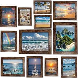 12 pack assorted gallery wall picture frame,rustic farmhouse wood picture frames multiple sizes including 4x6, 5x7, 8x10, 11x14, Ideal for living room hanging or tabletop display,Dark Brown