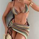 Verdusa Women's 3 Piece Halter Bikini Set Boho Geo High Cut Swimsuits with Beach Cover Up Skirt (M)