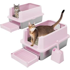 RIZZARI Stainless Steel Litter Box: Large Pink Leakproof Open Tray with Wipe-Clean Design - Odor Control - Teflon Non-Stick - with Deodorizer - 2 Pack - for Cats Up to 20 lbs - in Bathroom Restroom