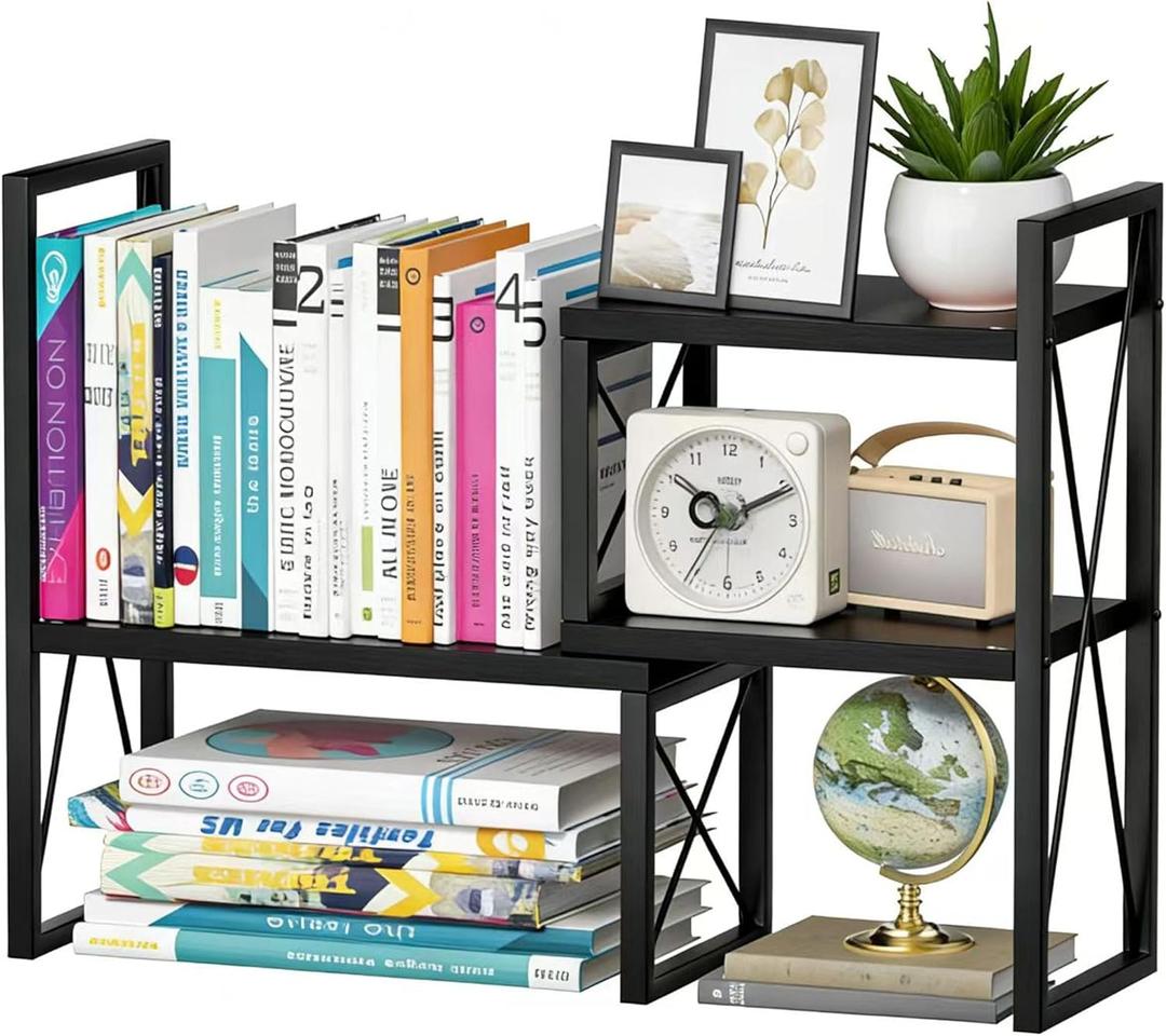 Expandable Desktop Shelf Organizer, 2 Tier Wood Desk Shelf for Office, Metal Corner Bookshelf, Countertop Storage Rack (Black)