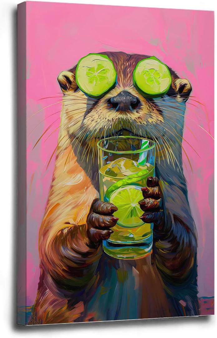ISXGDWFH Dopamine Animal Otter Drinking Cocktail Minimalist Art Animal Lover Preppy Dorm Decor Fashion Poster Canvas Wall Art Print Bedroom Living Room Bathroom Weird Animal Art (16x24inch Framed, A03)
