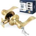 Wave Style Gold Door Handles with Lock and Key (Keyed Differently), Brushed Gold Keyed Entry Door Handle, Reversible Door Lever for Bedroom and Bathroom, Satin Brass,1 Pack
