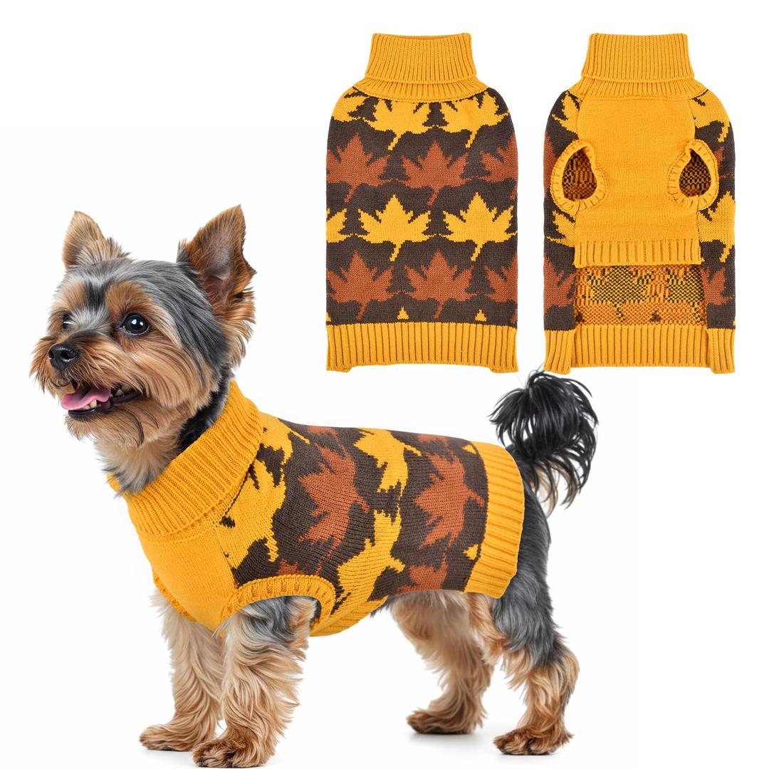 LyssKMK Thanksgiving Day Dog Sweater Yellow Brown Maple Pattern Pet Knitwear Clothes Fall Themed Costume Cold Weather Outfits for Small Middle Large Dogs XXL