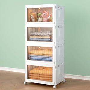 Wise Oannes 4 Tier Storage Bins with Lids, 23QT Stackable Closet Organizers and Storage with Wheels, Collapsible Storage Boxes, Foldable Plastic Storage Containers for Home,Office, Dorm Room