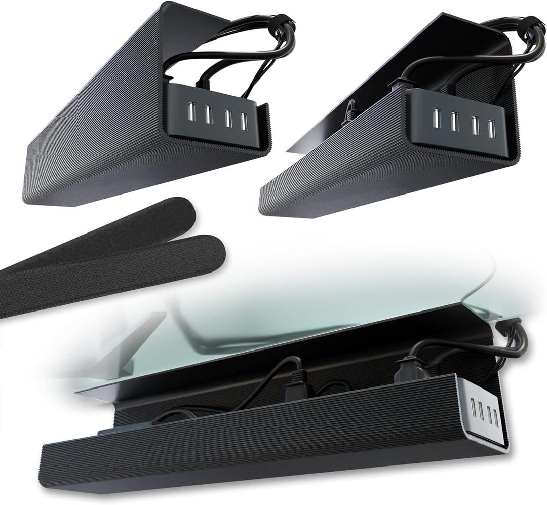 No-Screw Under Desk Cable Management Tray - Self-Adhesive Installation, Cord Management, Cable Tray, Under Desk Wire Organizer - Black Set of 2