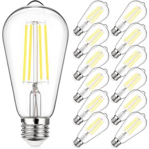 MAXvolador Vintage LED Edison Bulb 60W Equivalent 800LM, 6W ST58 LED Filament Light Bulb, Daylight White 5000K, E26 Base, Non-Dimmable, Pack of 12