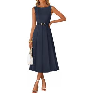ZESICA Women Summer Sleeveless Midi Dresses 2026 Elegant Boat Neck A Line Tie Waist Spring Cocktail Party Dress M