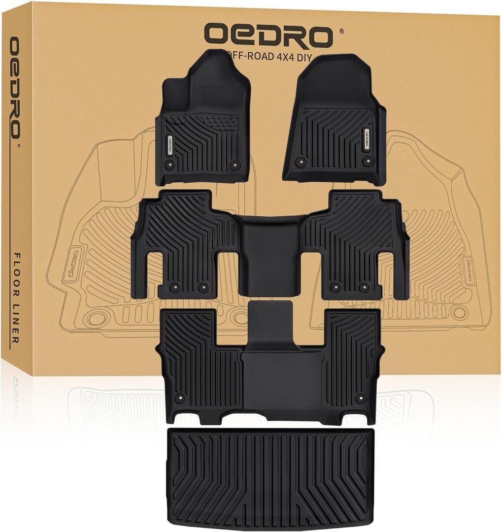 OEDRO Floor Mats Accessories Set (Full Set + Cargo) Fit for 2022-2025 Jeep Wagoneer, Custom Fit TPE All-Weather Floor Liners, Black