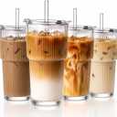 GOSCHE 20oz Glass Tumblers with Straws and Lids, Ribbed Iced Coffee Cups Leak-proof, Dishwasher Safe, Thickened Glass Cups with Lids Ideal for Coffee and Travel, Clear, 4 Pack
