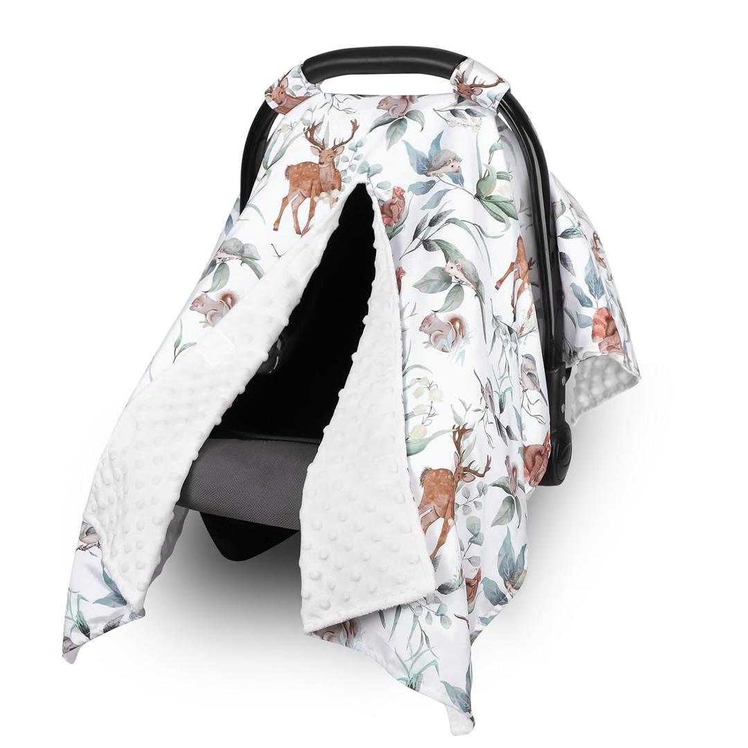 TANOFAR Baby Carseat Canopy, Peekaboo Opening Car Seat Canopy for Babies, Soft and Breathable Infant Carrier Canopy, Multi-use Baby Carrier, Stroller, Nursing Cover, Minky Blanket, Animal Leaf