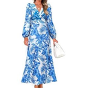 ZESICA Women's Floral Long Sleeve Midi Dresses 2026 Fall Boho V Neck Belted High Wasit Flowy Wedding Cocktail Party Dress
size XL Colors Blue
