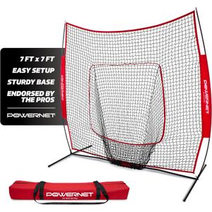 PowerNet Baseball Softball Practice Net 7x7 with Baseball Accessories for Practice Pitching, Batting & Fielding, Ball Caddy, Weighted Baseballs, Tee (Red)