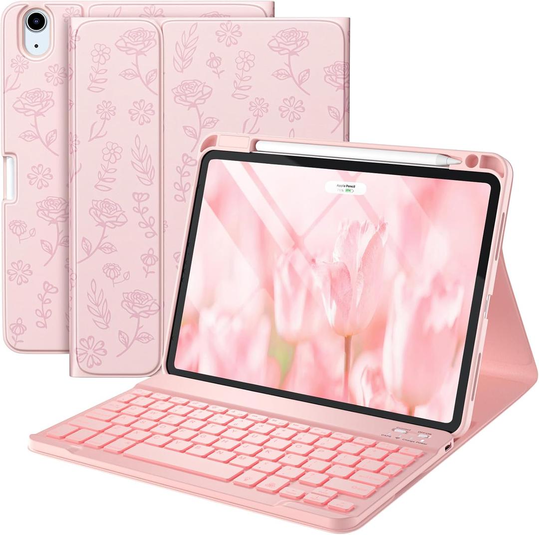 Harvopu Compatible for iPad Air 11-inch/Air 5th 4th Generation Case with Keyboard - Backlit Detachable, Folio Cover with Pencil Holder for iPad Air 11 Inch M3/M2, Air 5/ Air 4 (Floral Pink)