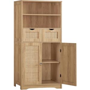 Iwell Tall Storage Cabinet, Rattan Cabinet with 2 Drawers & Adjustable Shelf, Kitchen Pantry Storage Cabient, Entryway Cabinet for Living Room, Dining Room, Home Office, Natural