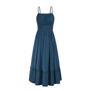 GRACE KARIN Womens 2025 Summer Dress Casual Sleeveless Spaghetti Strap Smocked Ruffle Beach Long Maxi Dress with Pockets, Blue , XXL
