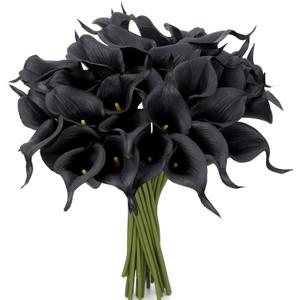 24 Pcs Black Artificial Calla Lily Flowers Fake Black Silk Flowers Real Touch for Wedding Bouquet Office Home Kitchen Decor (Black And Red)