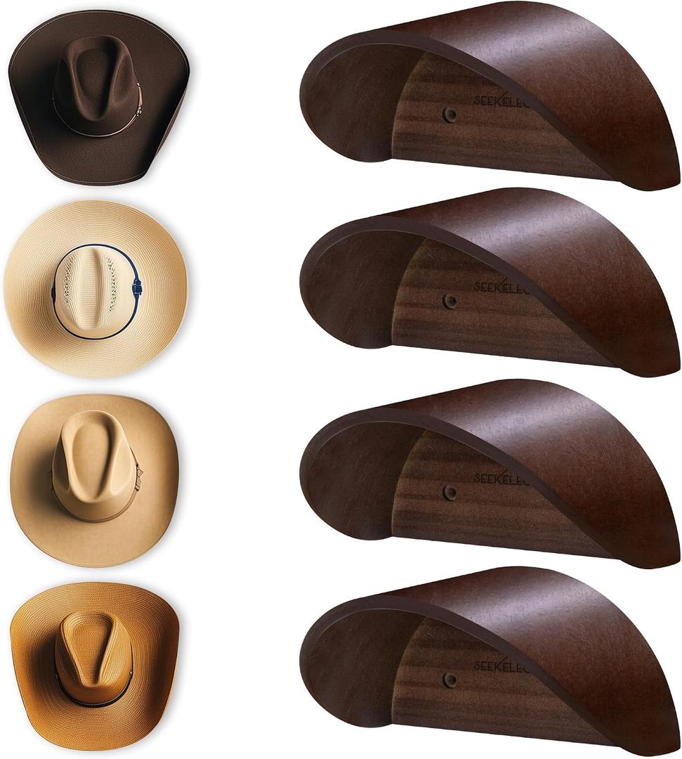Cowboy Hat Holder Rack for Wall, 4 Pack Hat Hooks with Non-Damage Brim Design, Rustic Wood Hats Hanger on Wall to Keep Original Shape of Hats, for Home, Closet, Entryway, Cabin, Western Room Decor